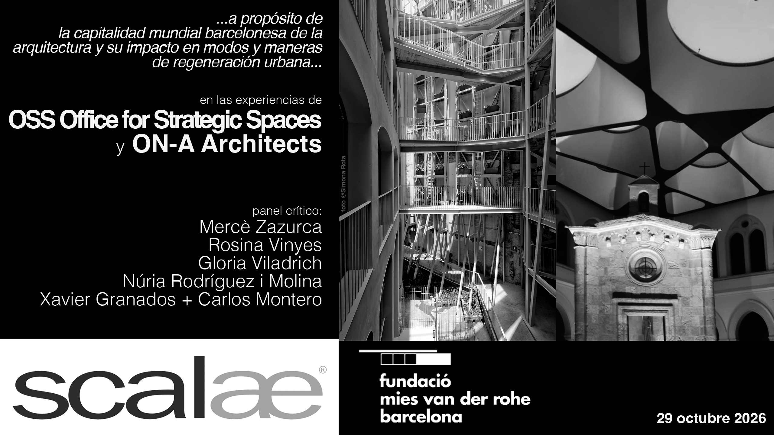 Fundació Mies van der Rohe and SCALAE event poster for October 29, 2026, featuring La Carbonería by Ángel Borrego Cubero (OSS).